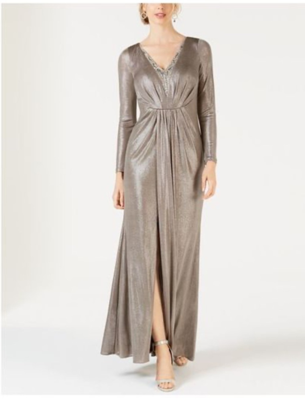 Adrianna Papell Blouson Foiled Jersey Long Sleeve Formal Gown Dress Size 6